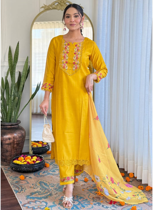 Embroidered Silk Yellow Pant Style Suit T6033