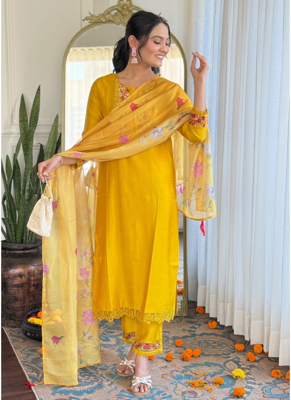 Embroidered Silk Yellow Pant Style Suit T6033