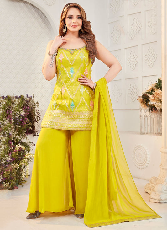Salwar Suit Embroidered Yellow Silk T5861