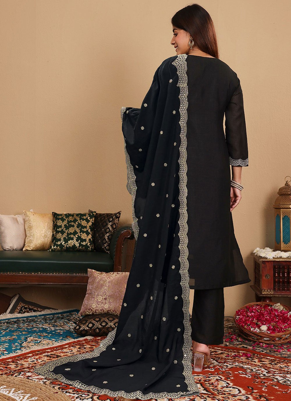 Salwar Suit Embroidered Black Silk T5535