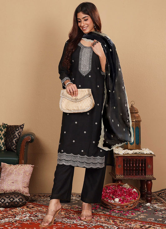 Salwar Suit Embroidered Black Silk T5535