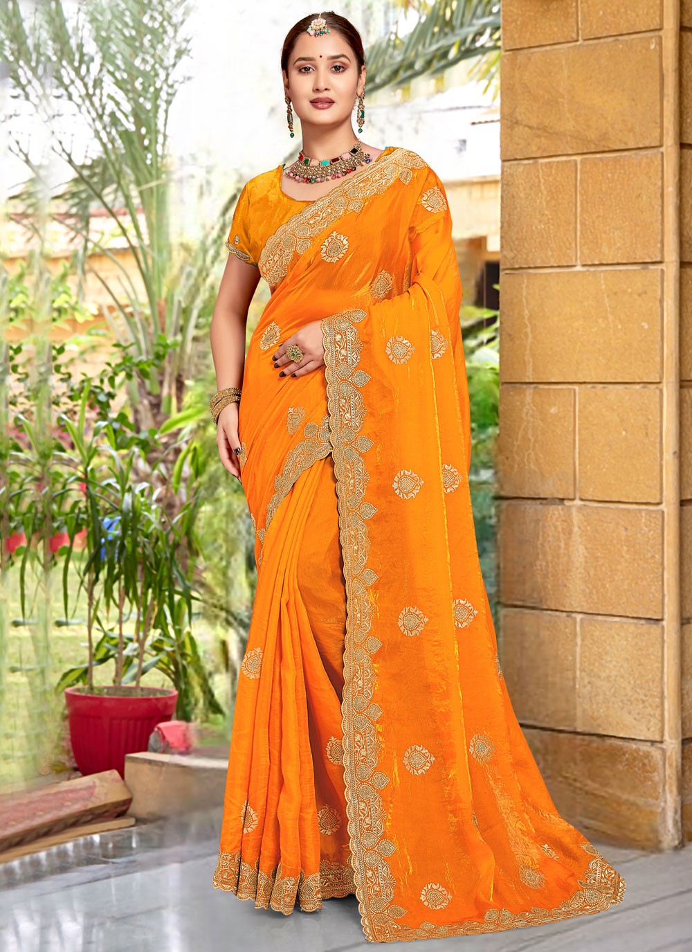 Embroidered Silk Orange Saree S14675