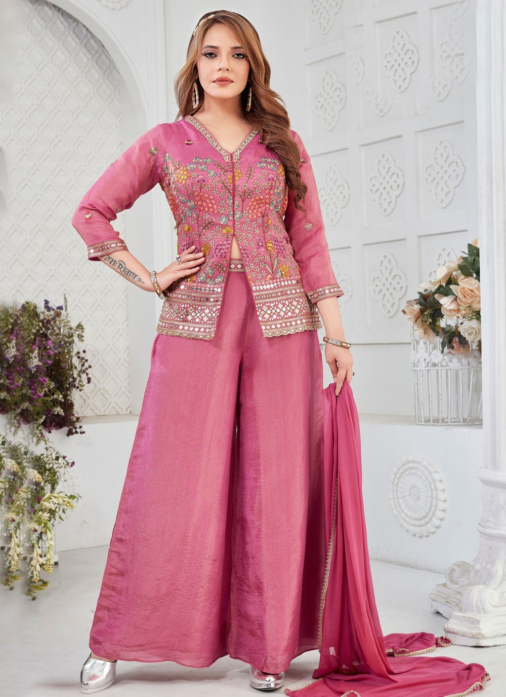 Salwar Suit Embroidered Hot Pink Silk T5844