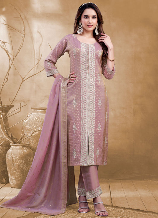 Pant Style Suit Embroidered, Zari Mauve T7982