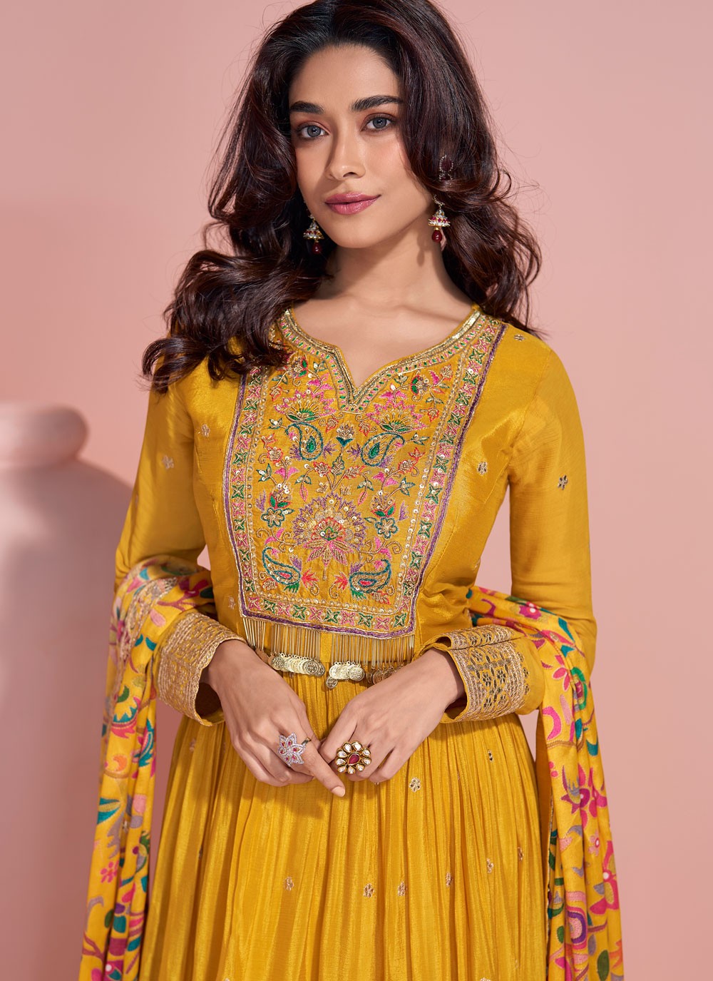 Embroidered Chinon Mustard Gown G19778