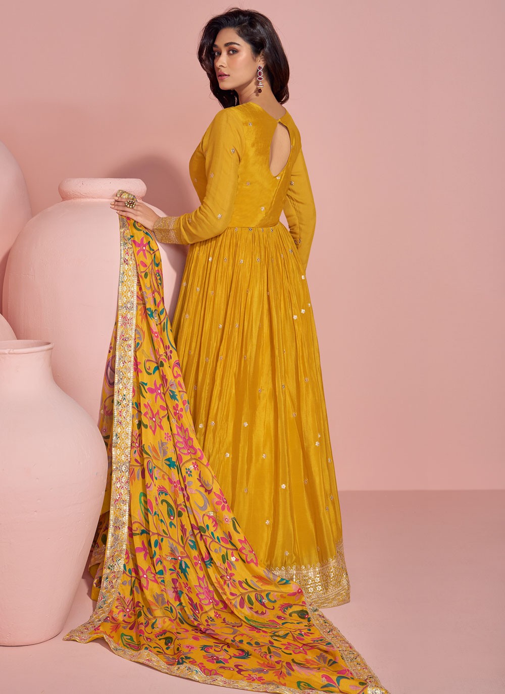 Embroidered Chinon Mustard Gown G19778