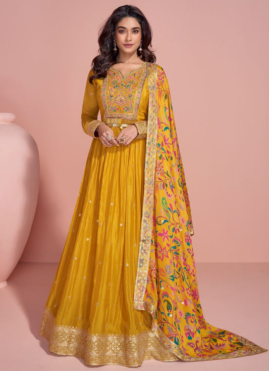Embroidered Chinon Mustard Gown G19778