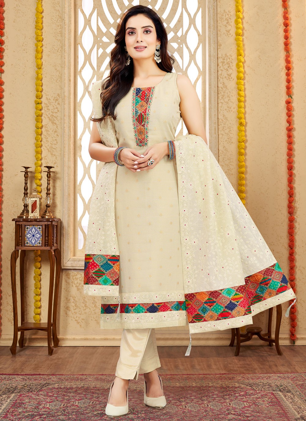 Pant Style Suit Embroidered, Zari Beige T7990