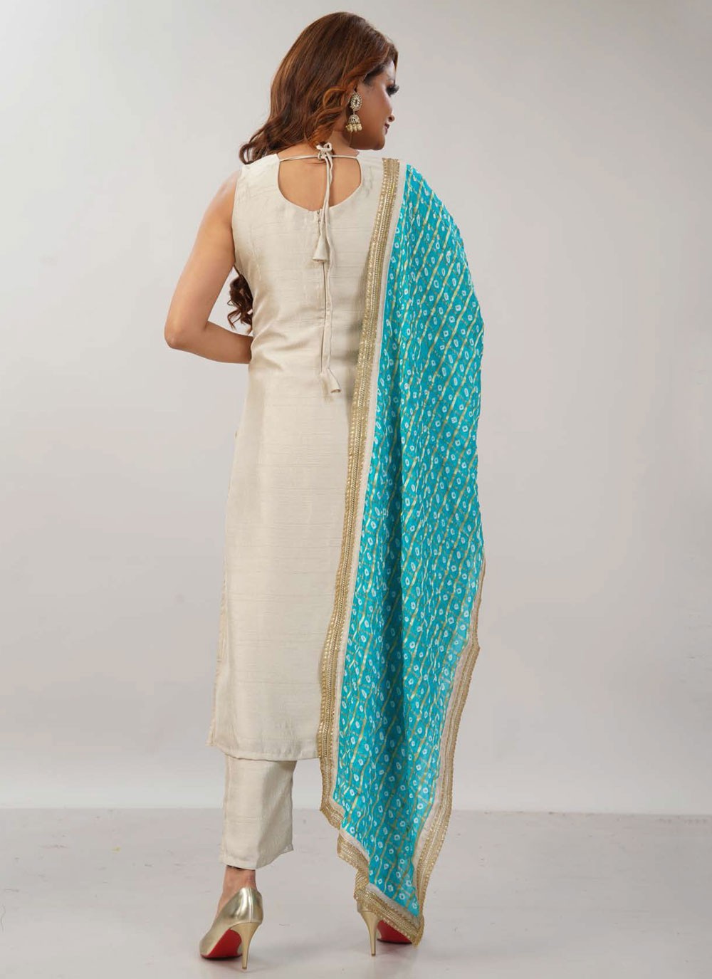 Pant Style Suit Embroidered, Zari White T7684