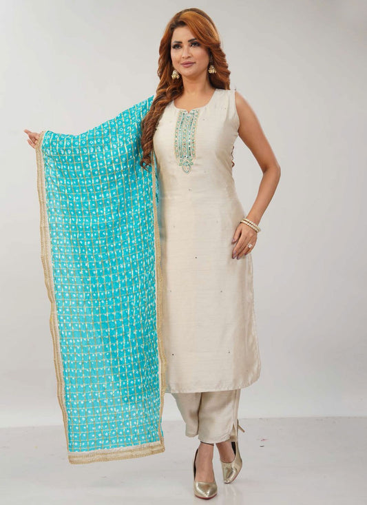 Pant Style Suit Embroidered, Zari White T7684