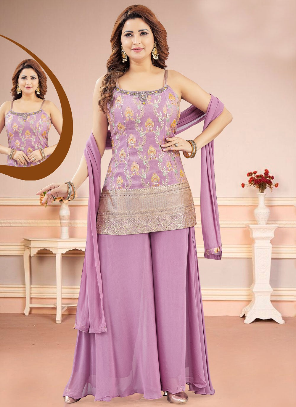 Salwar Suit Embroidered Lavender, Magenta Silk T5856