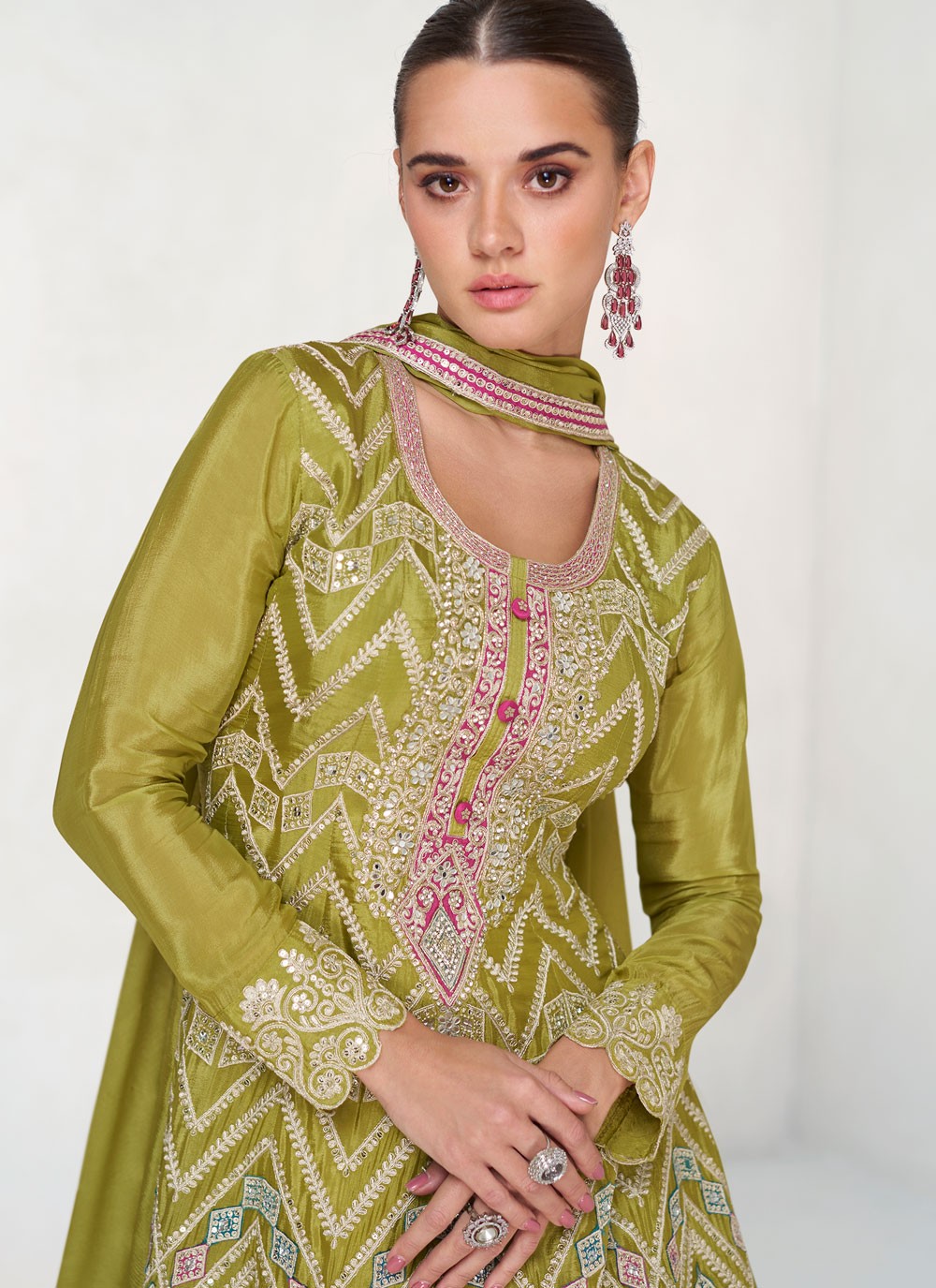 Sharara Suit Embroidered, Lace, Mirror, Zari Green T6869