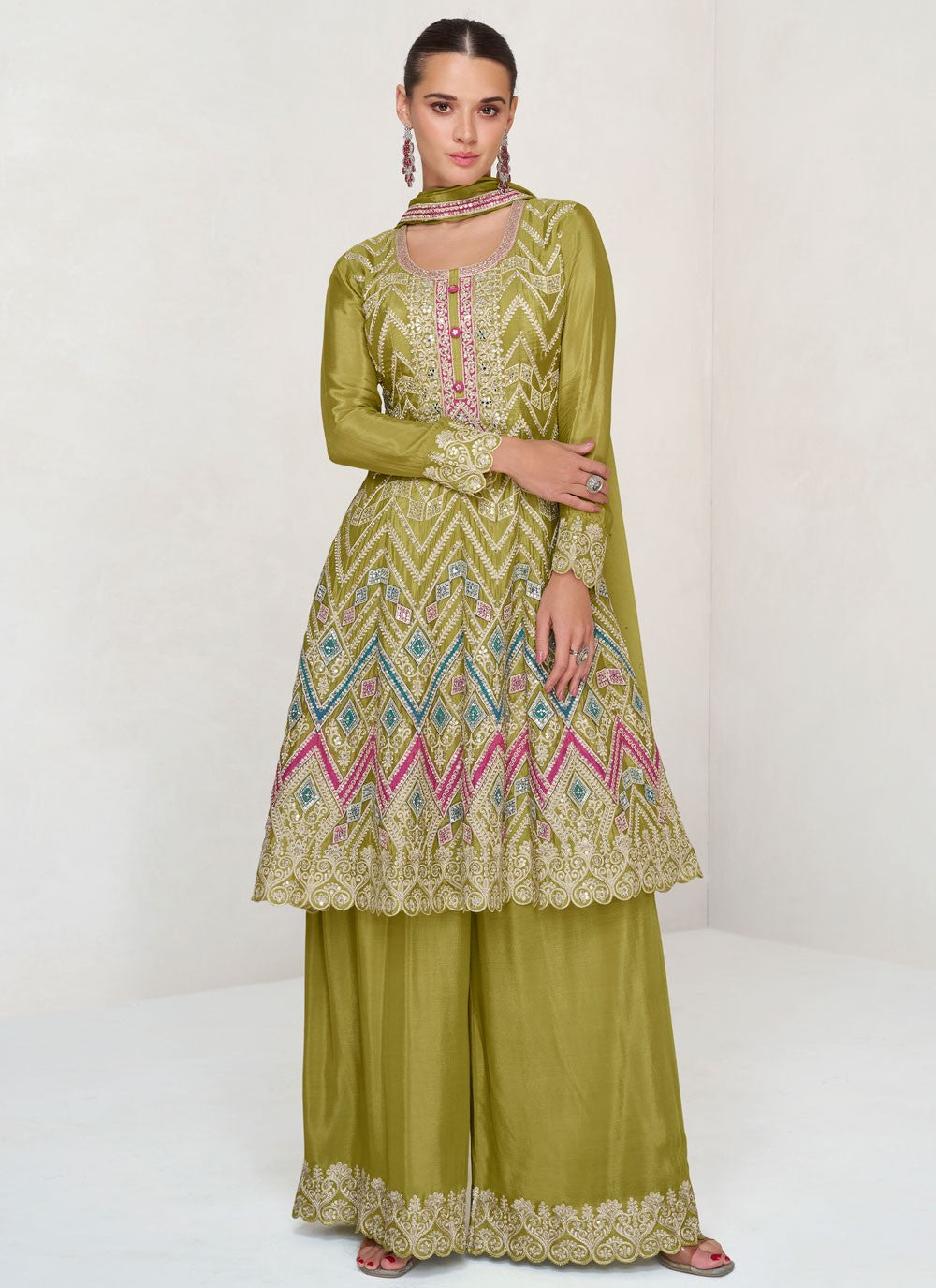 Sharara Suit Embroidered, Lace, Mirror, Zari Green T6869