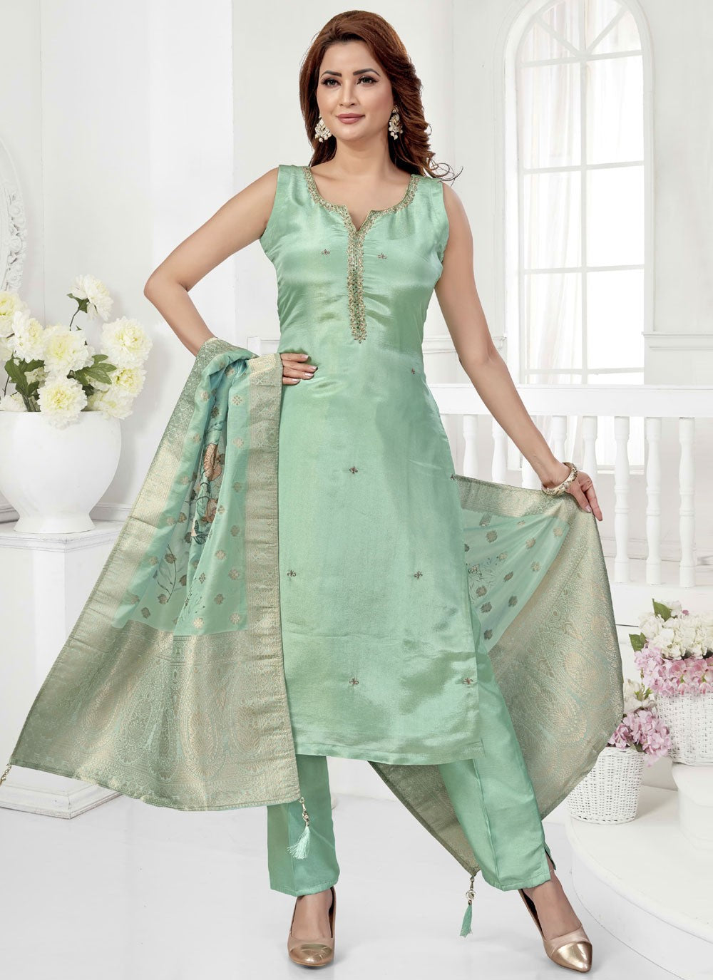Pant Style Suit Thread, Zari Sea Green T7622