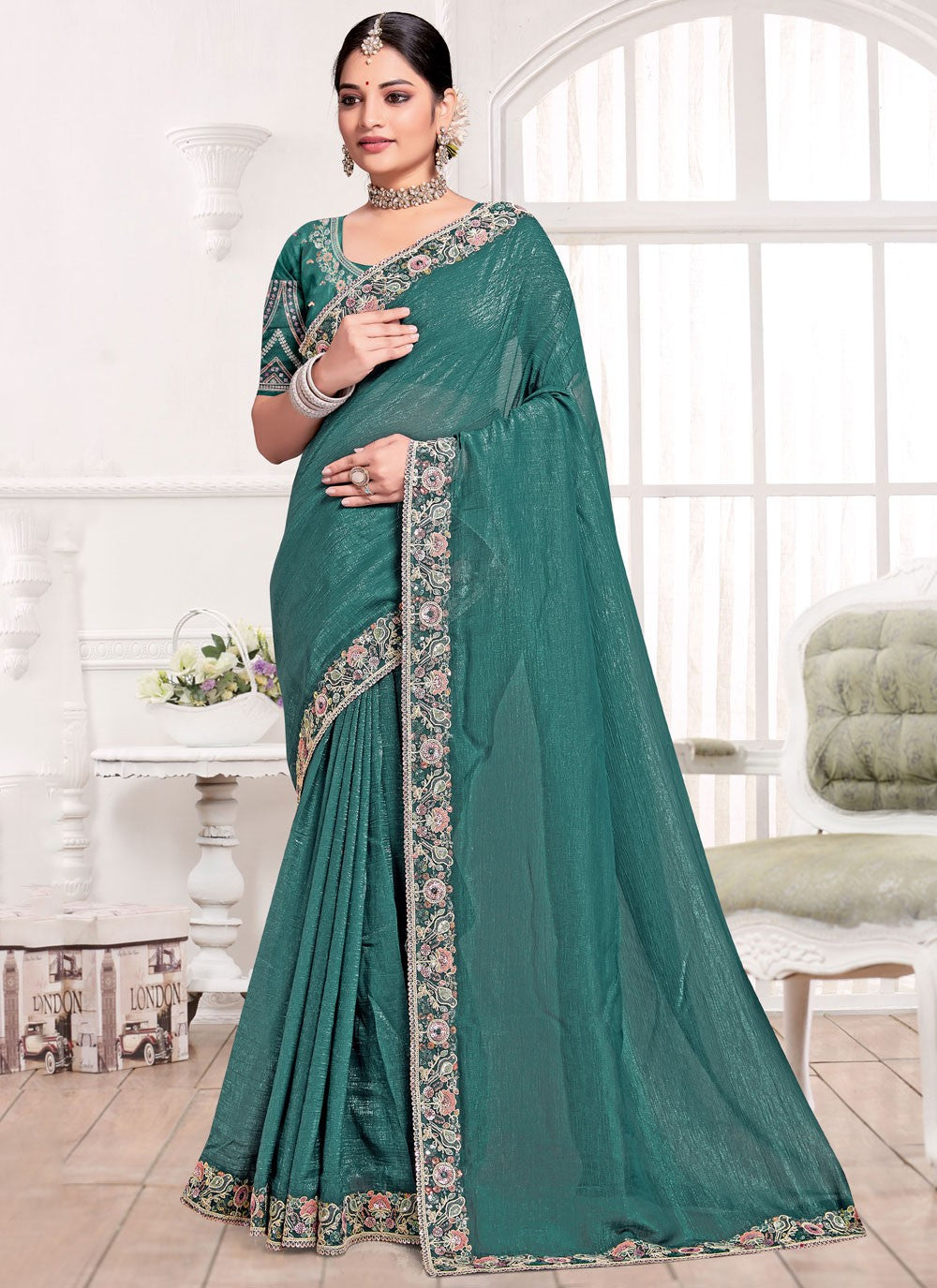 Traditional Cord Teal Silk Saree S13095