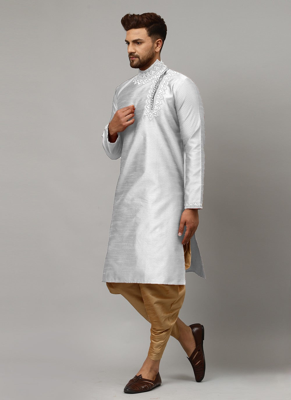 Aari Work Art Dupion Silk Silver Angrakha - M4207