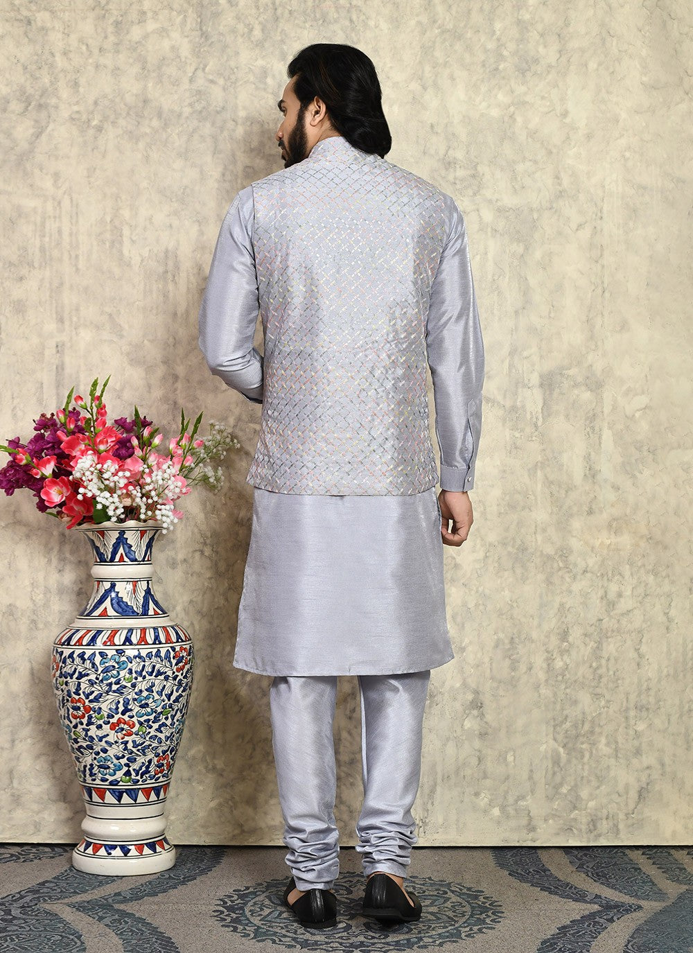 Embroidered Art Silk Silver Kurta Payjama With Jacket - M8002