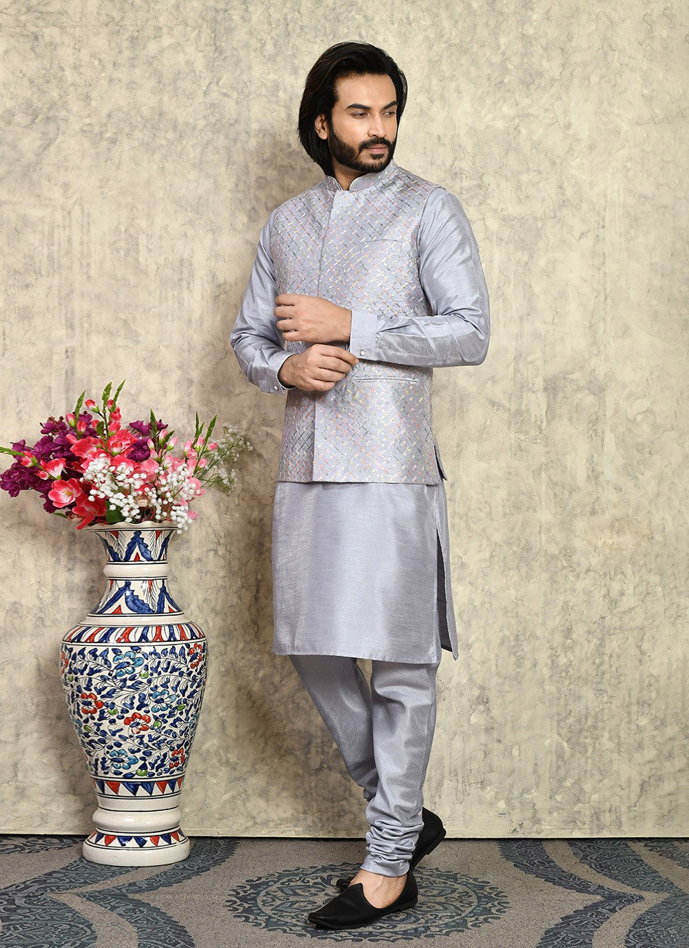 Embroidered Art Silk Silver Kurta Payjama With Jacket - M8002