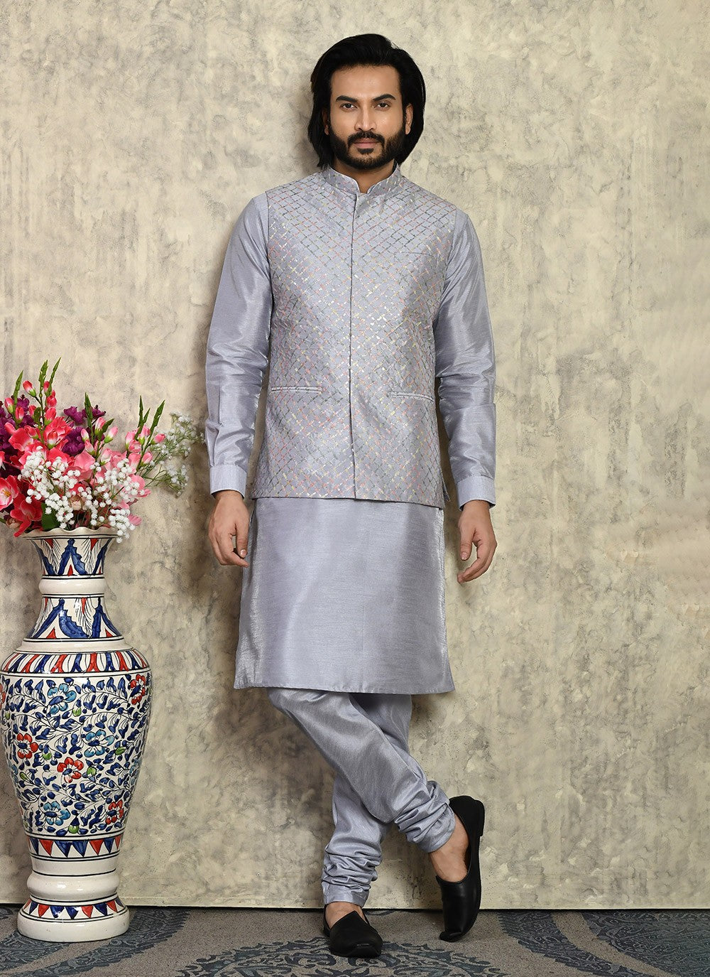 Embroidered Art Silk Silver Kurta Payjama With Jacket - M8002