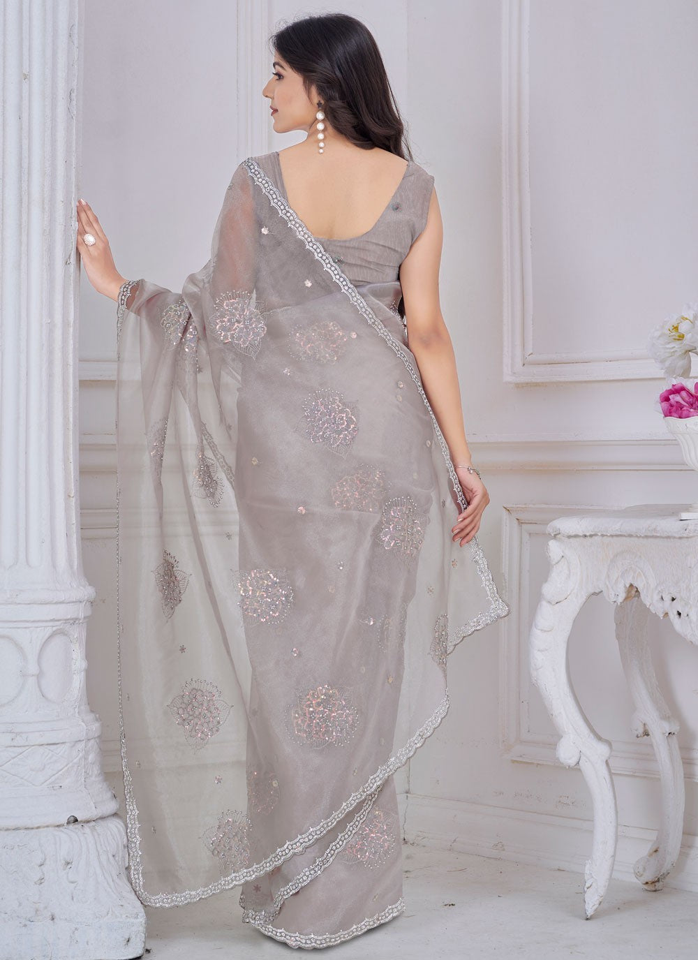 Sequins Organza Silver Classic Saree S15050