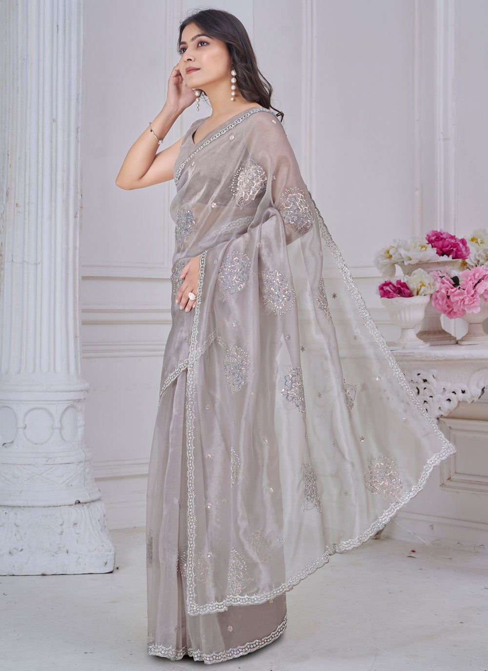 Sequins Organza Silver Classic Saree S15050