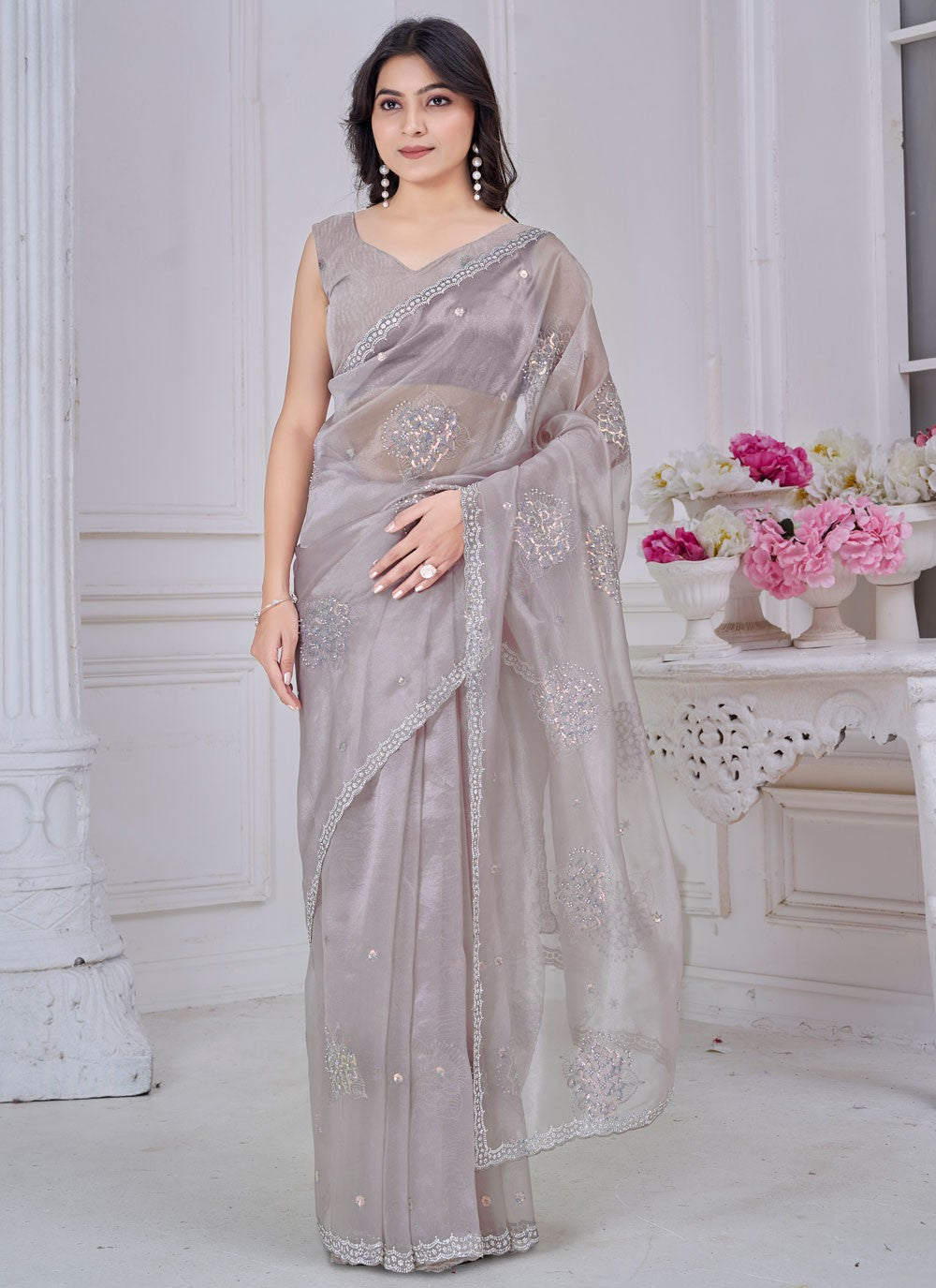 Sequins Organza Silver Classic Saree S15050