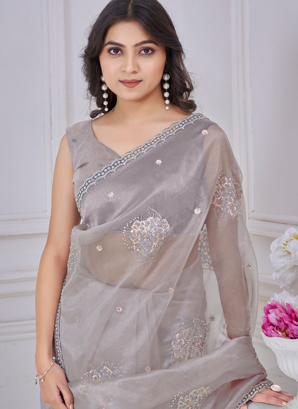 Sequins Organza Silver Classic Saree S15050