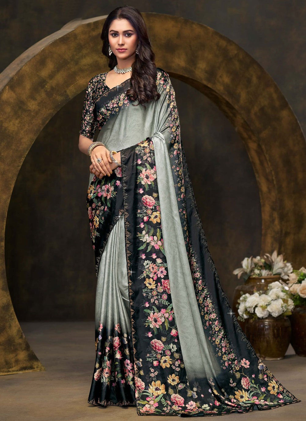 Contemporary Digital Print Silver Satin Silk Saree S13237