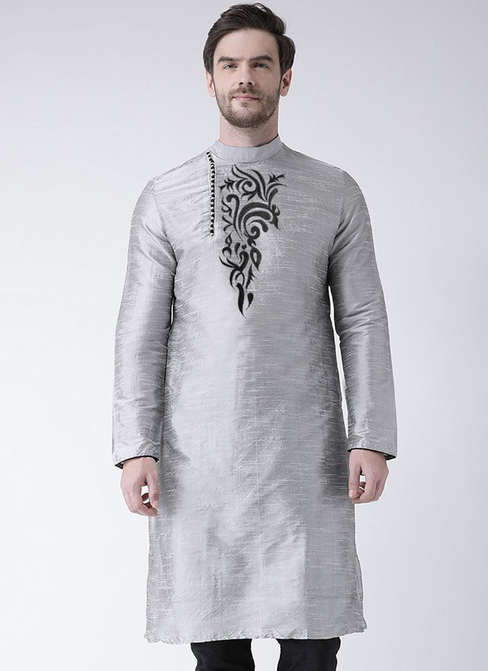Embroidered Art Dupion Silk Silver Kurta - M4242