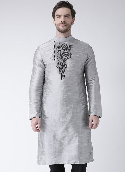 Embroidered Art Dupion Silk Silver Kurta - M4242