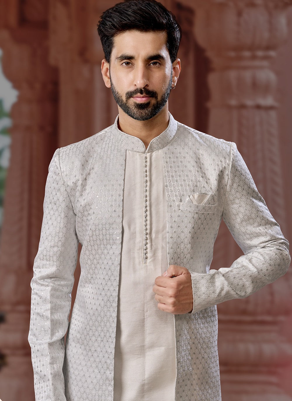 Embroidered Dupion Silk, Jacquard Silver Indo Western Sherwani - M6905