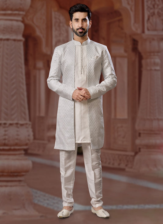 Embroidered Dupion Silk, Jacquard Silver Indo Western Sherwani - M6905