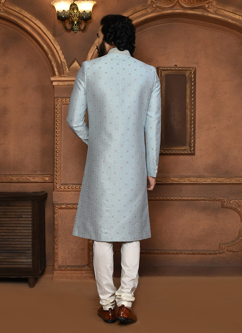 Embroidered Art Silk Silver Sherwani - M8051