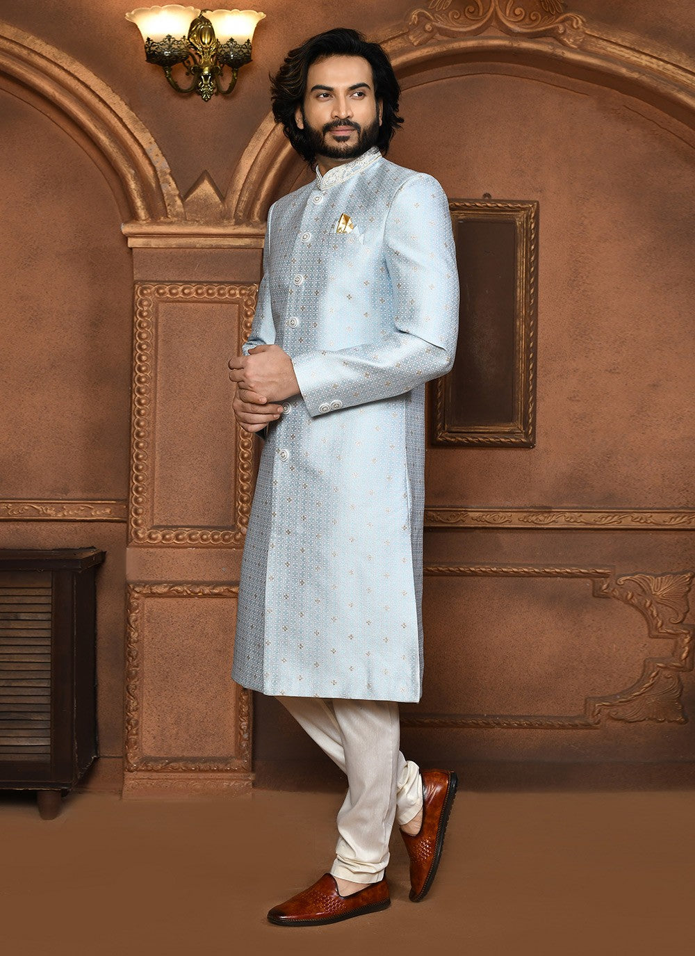 Embroidered Art Silk Silver Sherwani - M8051