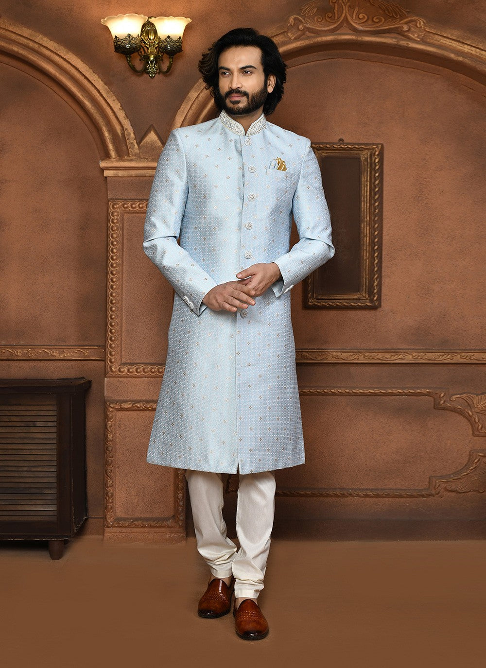 Embroidered Art Silk Silver Sherwani - M8051