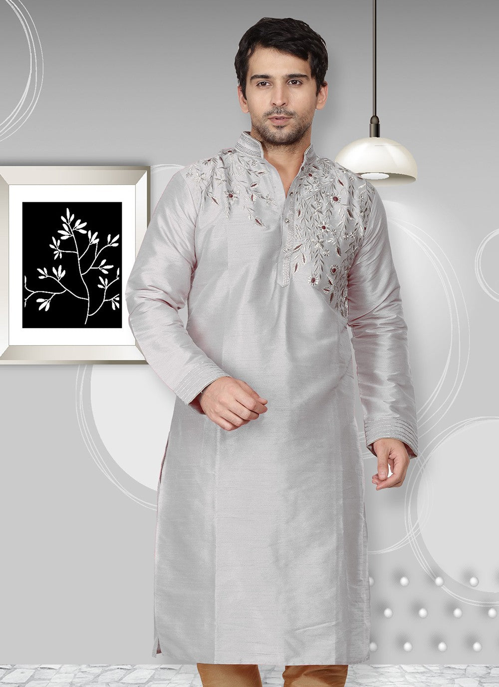 Embroidered Dupion Silk Silver Kurta - M2358