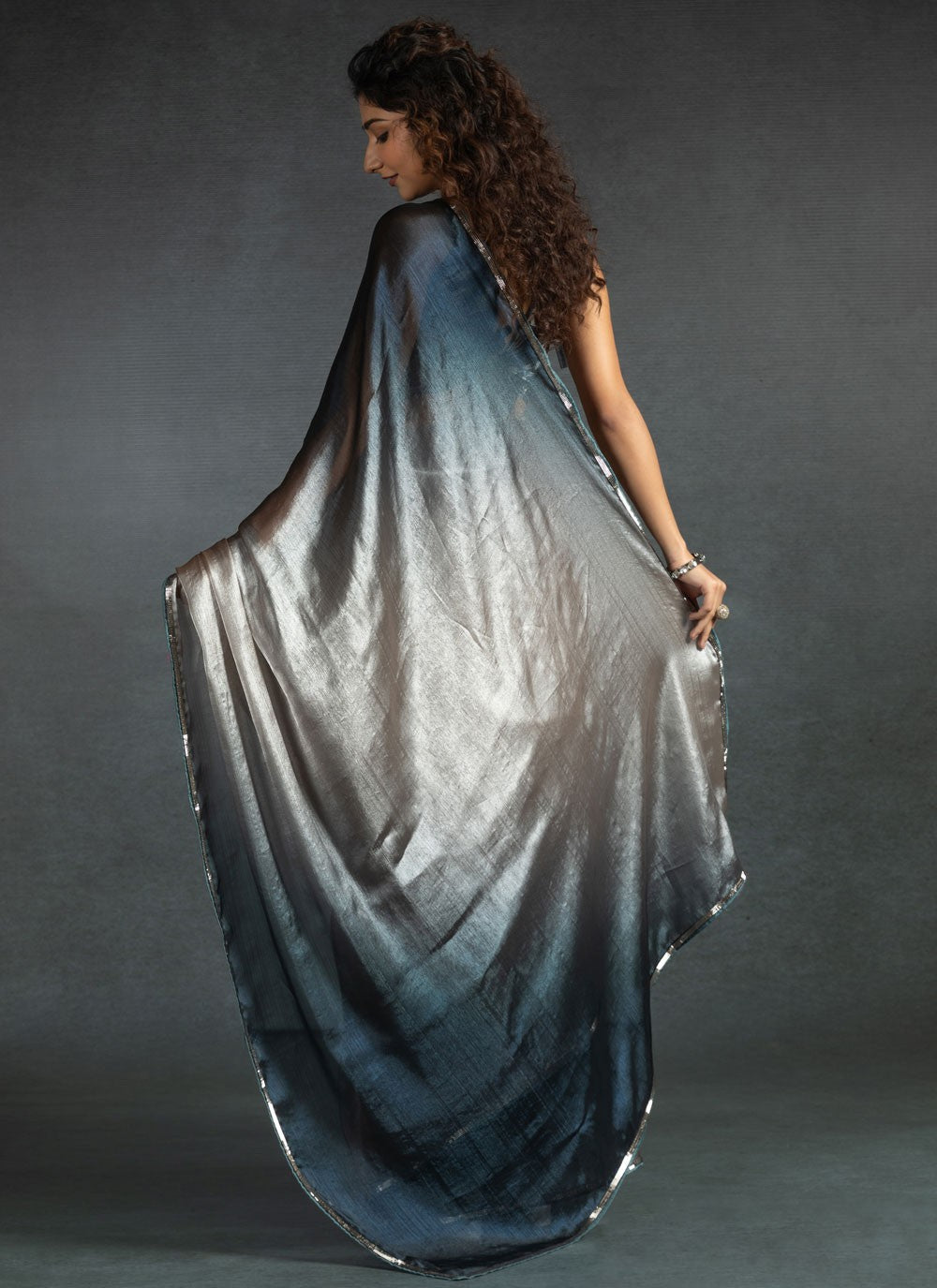 Border Work Satin Silk Silver Trendy Saree S15416