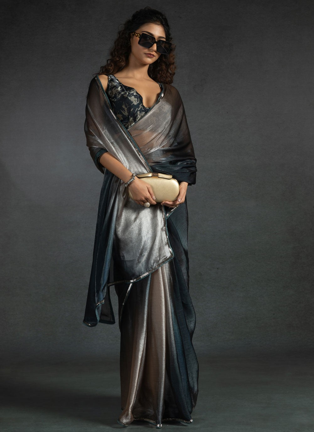 Border Work Satin Silk Silver Trendy Saree S15416