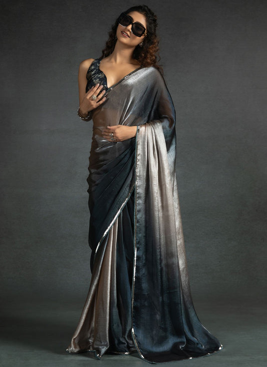 Border Work Satin Silk Silver Trendy Saree S15416