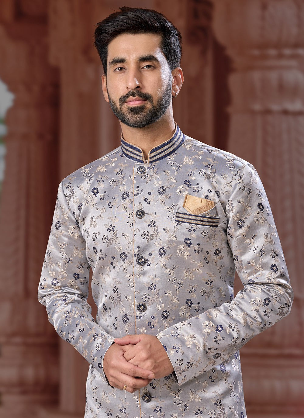Fancy Work Jacquard Silver Indo Western Sherwani - M7168