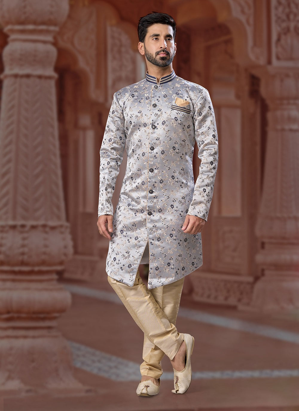 Fancy Work Jacquard Silver Indo Western Sherwani - M7168