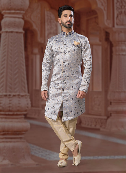 Fancy Work Jacquard Silver Indo Western Sherwani - M7168