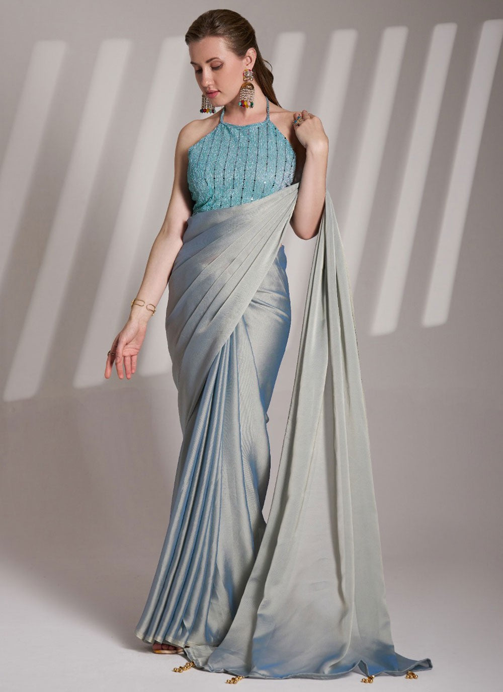 Contemporary Plain Silver Rangoli Saree S13522