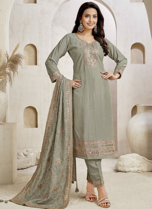 Pant Style Suit Embroidered, Sequins, Zari Silver T7619