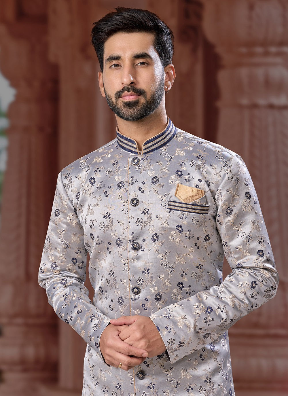 Fancy Work Banarasi Jacquard Silver Indo Western Sherwani - M7150
