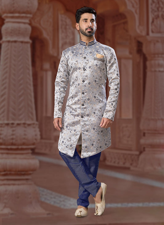 Fancy Work Banarasi Jacquard Silver Indo Western Sherwani - M7150