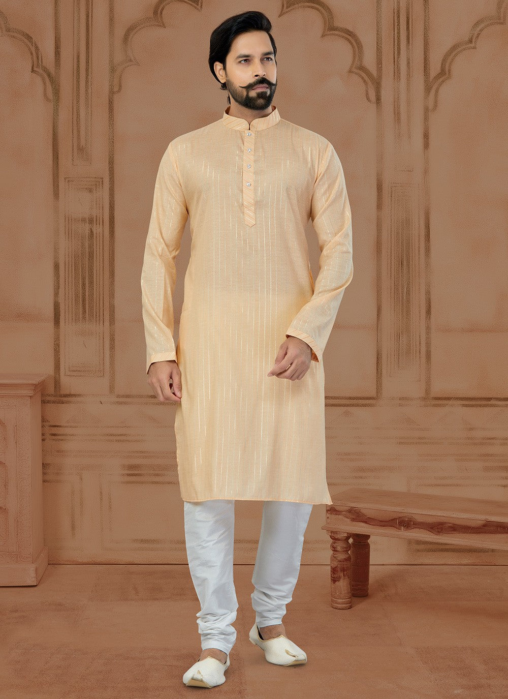 Fancy Work Soft Cotton Peach Kurta - M5781
