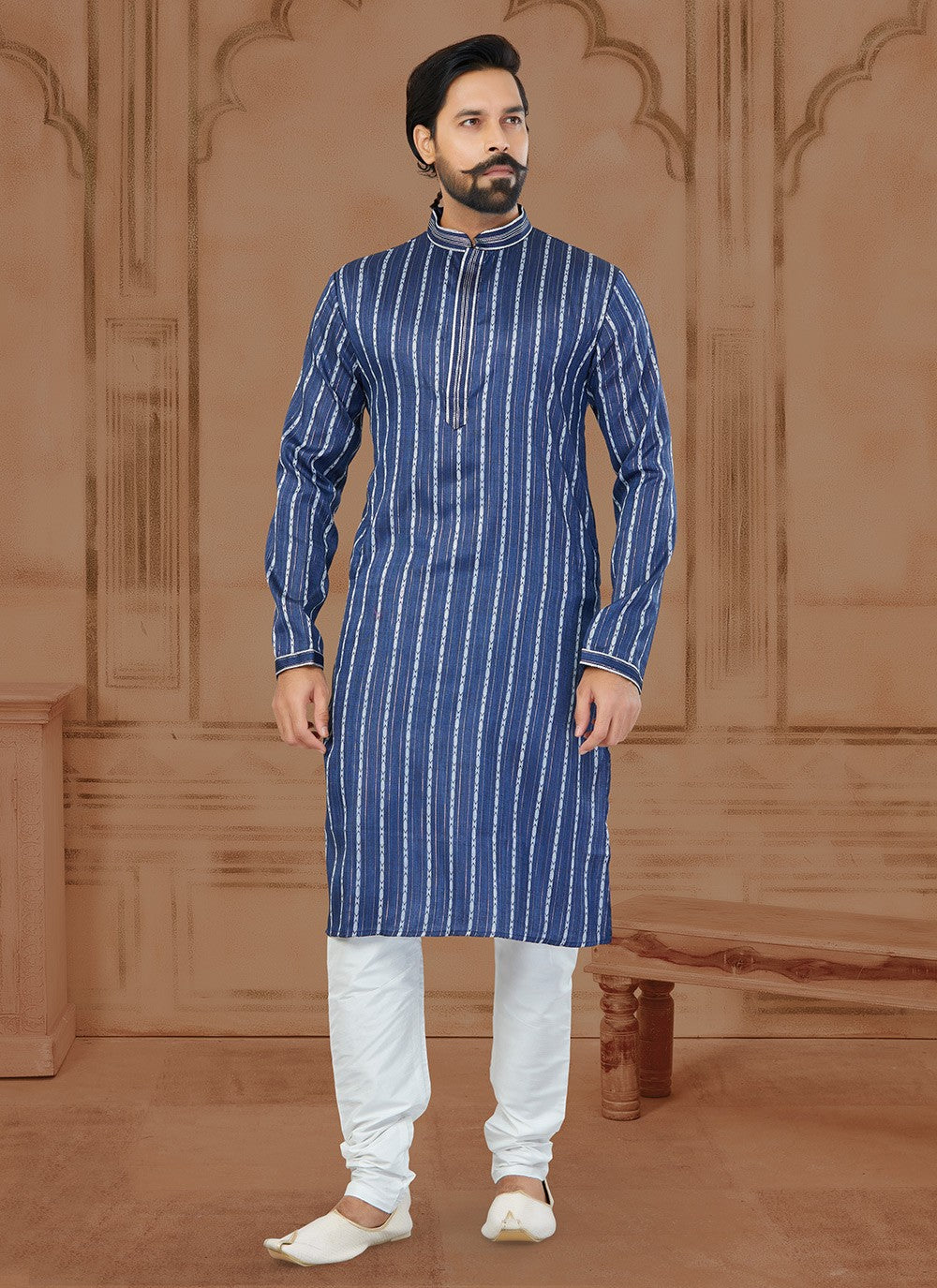 Fancy Work Soft Cotton Blue Kurta - M5774