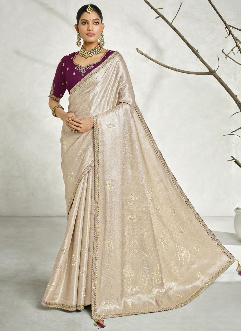 Border Work Silk Beige Contemporary Saree S15450