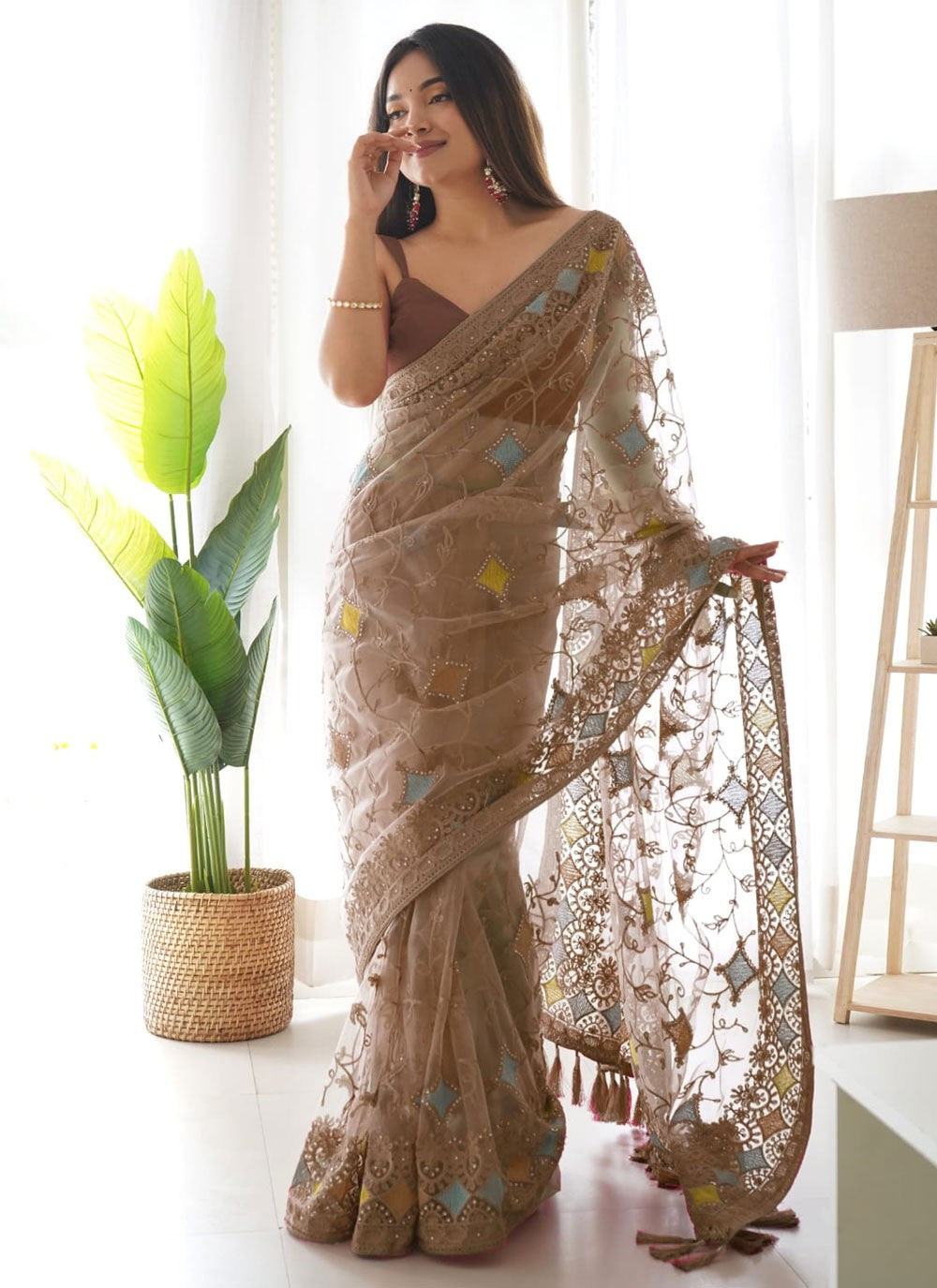 Embroidered Net Beige Saree S14392